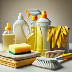 DALL·E 2024-08-24 20.03.01 - A detailed image of various cleaning supplies arranged neatly on a plain surface. The scene includes a spray bottle of cleaner, a yellow sponge, a pai