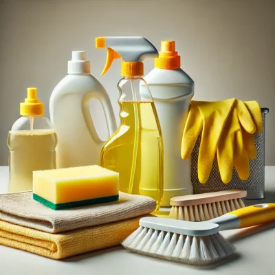 DALL·E 2024-08-24 20.03.01 - A detailed image of various cleaning supplies arranged neatly on a plain surface. The scene includes a spray bottle of cleaner, a yellow sponge, a pai